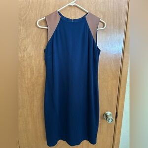 Lauren Ralph Lauren Dress Size 4 Navy Blue Sheath with Brown Leather Shoulders